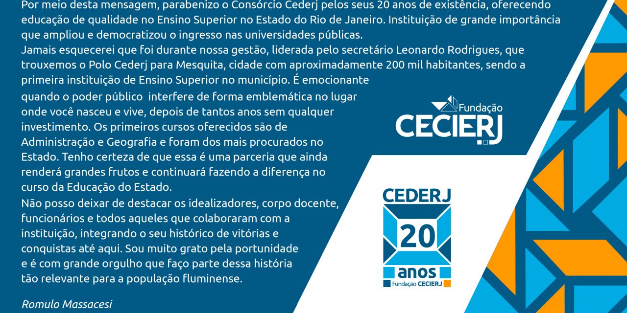 Presidente da Faetec homenageia o Cederj pelos 20 anos